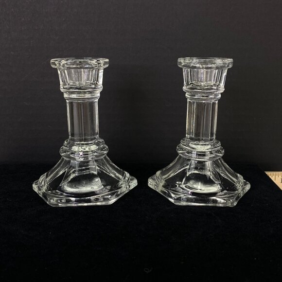 FTDA Clear Glass Taper Candlesticks 4 Inch Set Of 2 Hexagonal Base - Picture 4 of 8